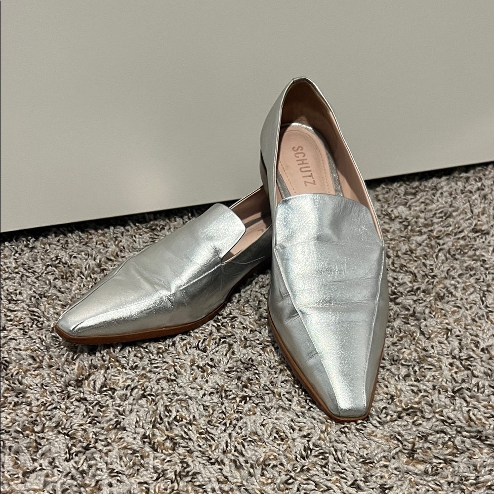 Schutz Silver Pointed Leather Loafers